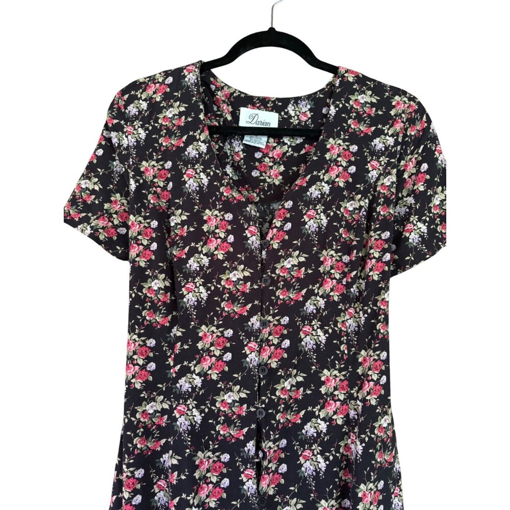 Vintage Black Floral Button-Front Midi Dress By Darian Size 14  Short Sleeve